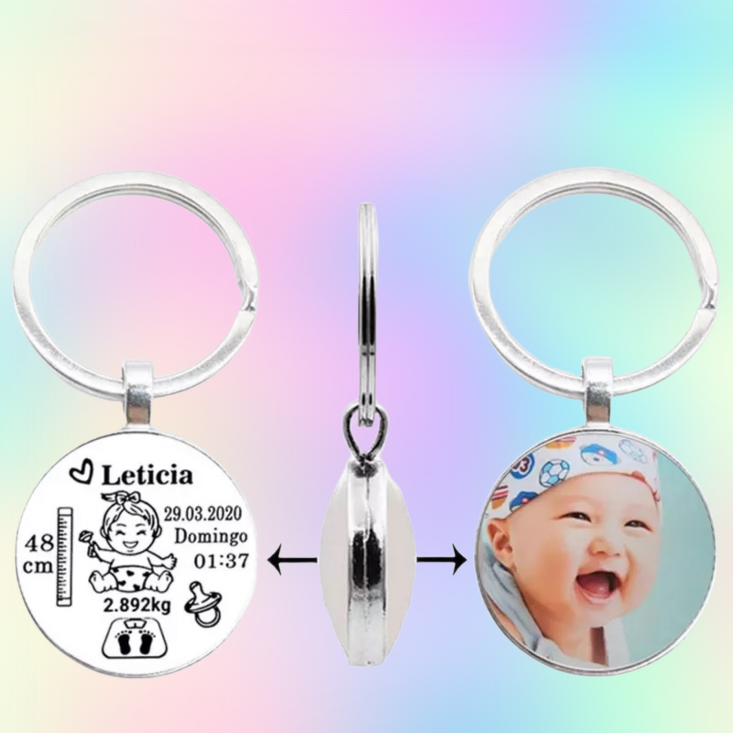 Porte clé, Faire-part, de naissance médaillon personnalisé photo et texte
