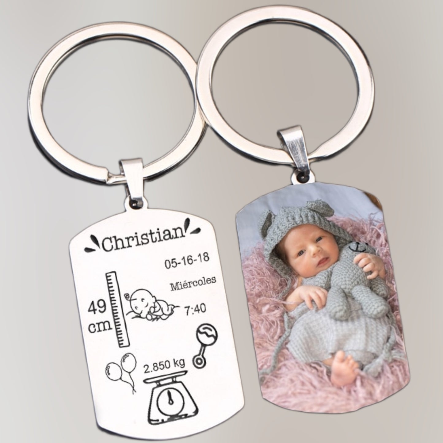 Porte clés, faire-part de naissance personnalisé, face photo et face Texte