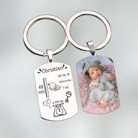 Porte clés, faire-part de naissance personnalisé, face photo et face Texte