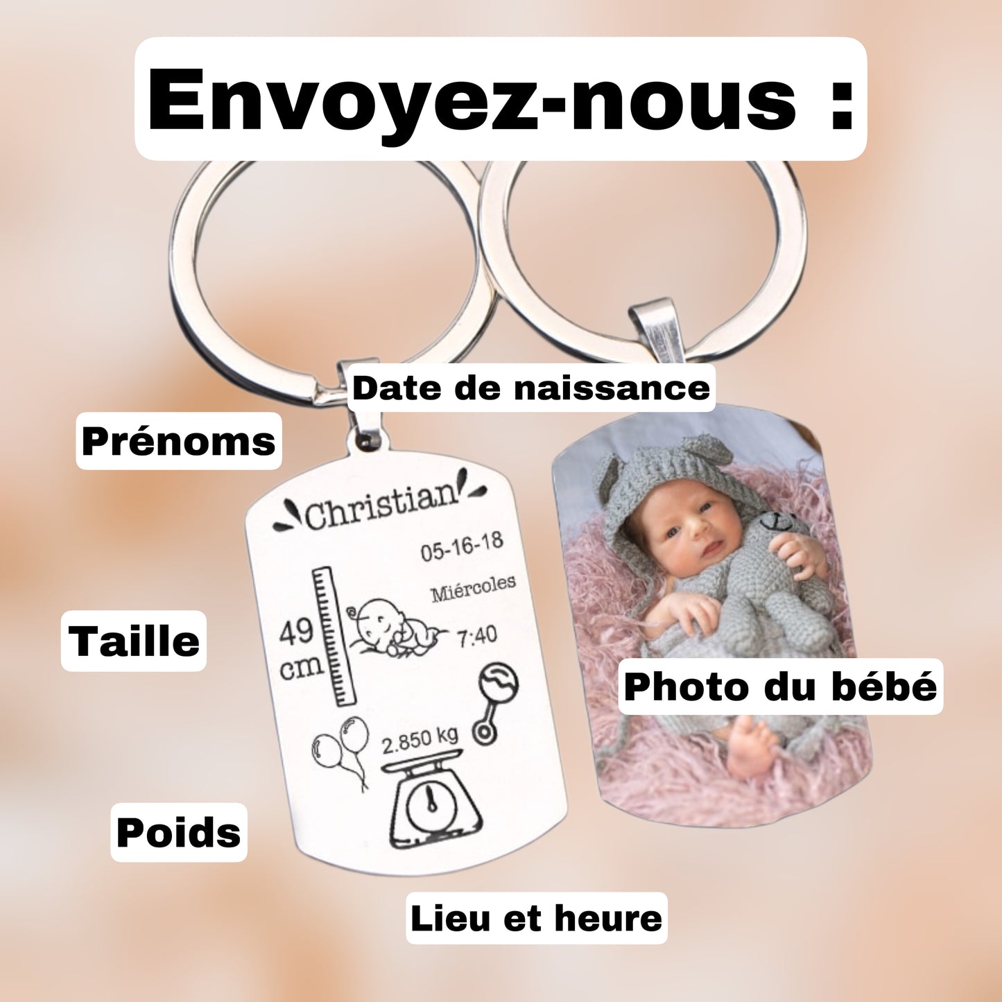 Porte clés, faire-part de naissance personnalisé, face photo et face Texte